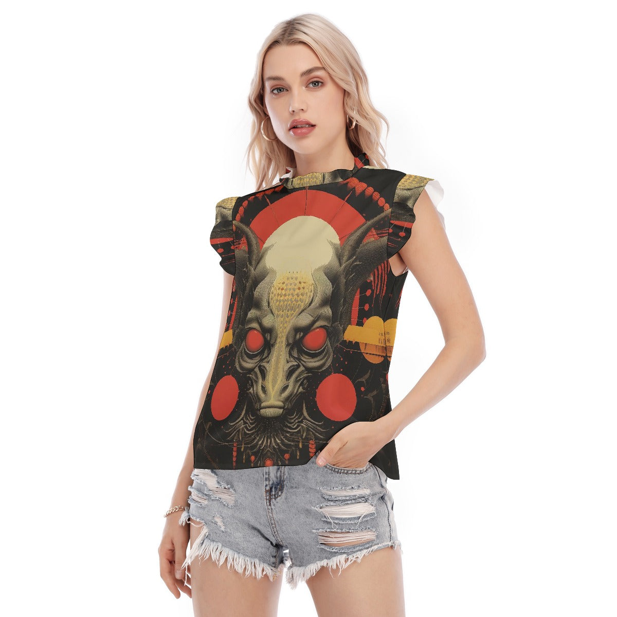 All-Over Print Women's Blouse With Ruffle Collar And Sleeve