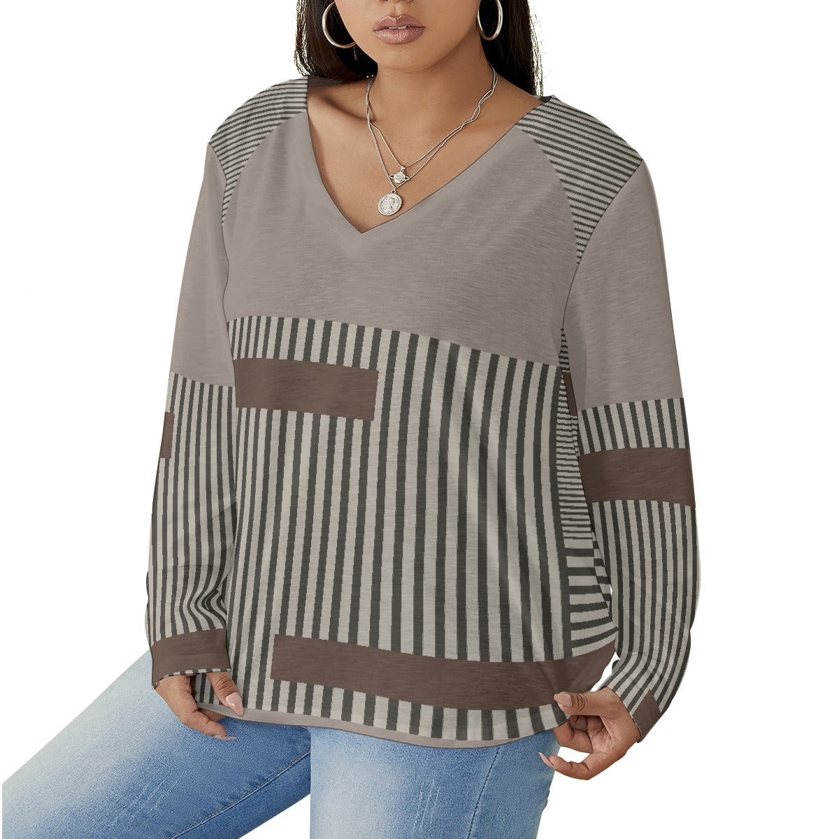 All-Over Print Women's V-neck T-shirt With Curved Hem(Plus Size)