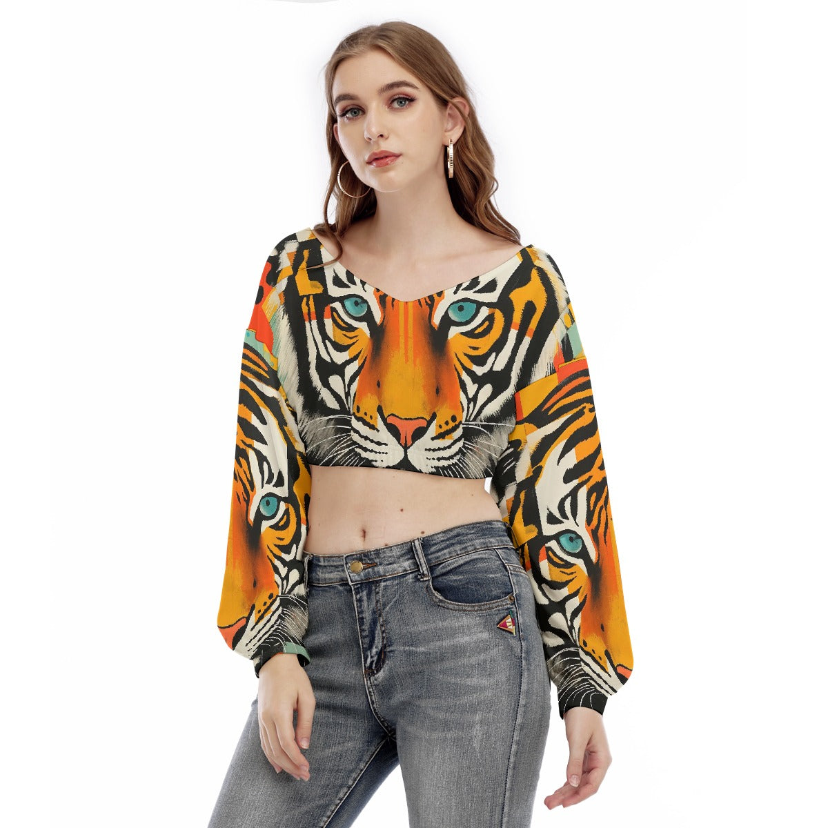 All-Over Print Women's V-neck Long Sleeve Cropped Sweatshirt