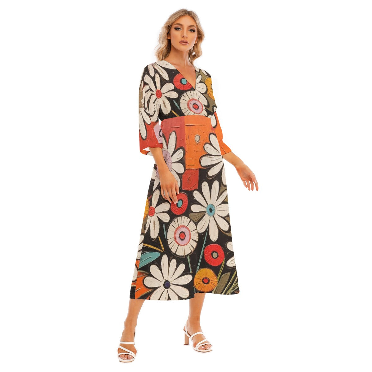 All-Over Print Women's Mid-Sleeve Long Dress