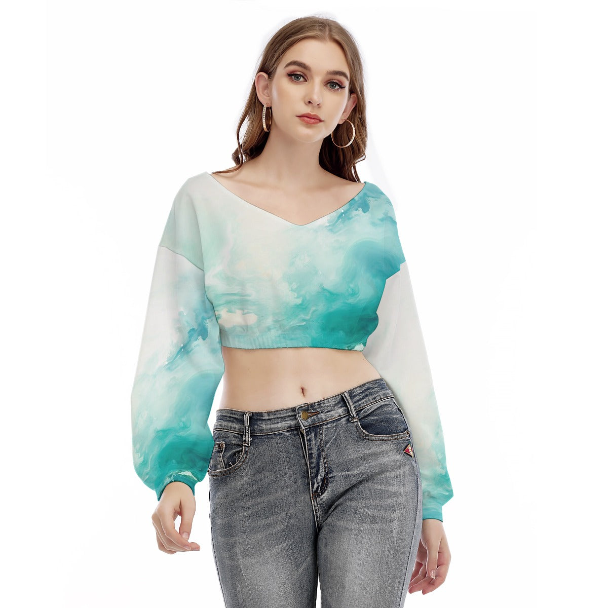 All-Over Print Women's V-neck Long Sleeve Cropped Sweatshirt