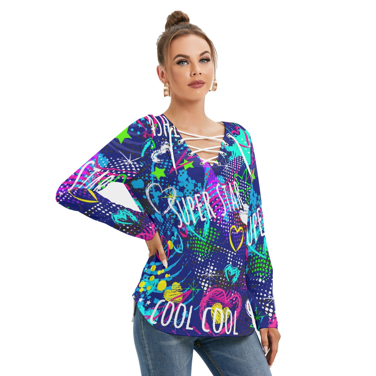 All-Over Print Women's Long Sleeve Neckline Tie Sweatshirt