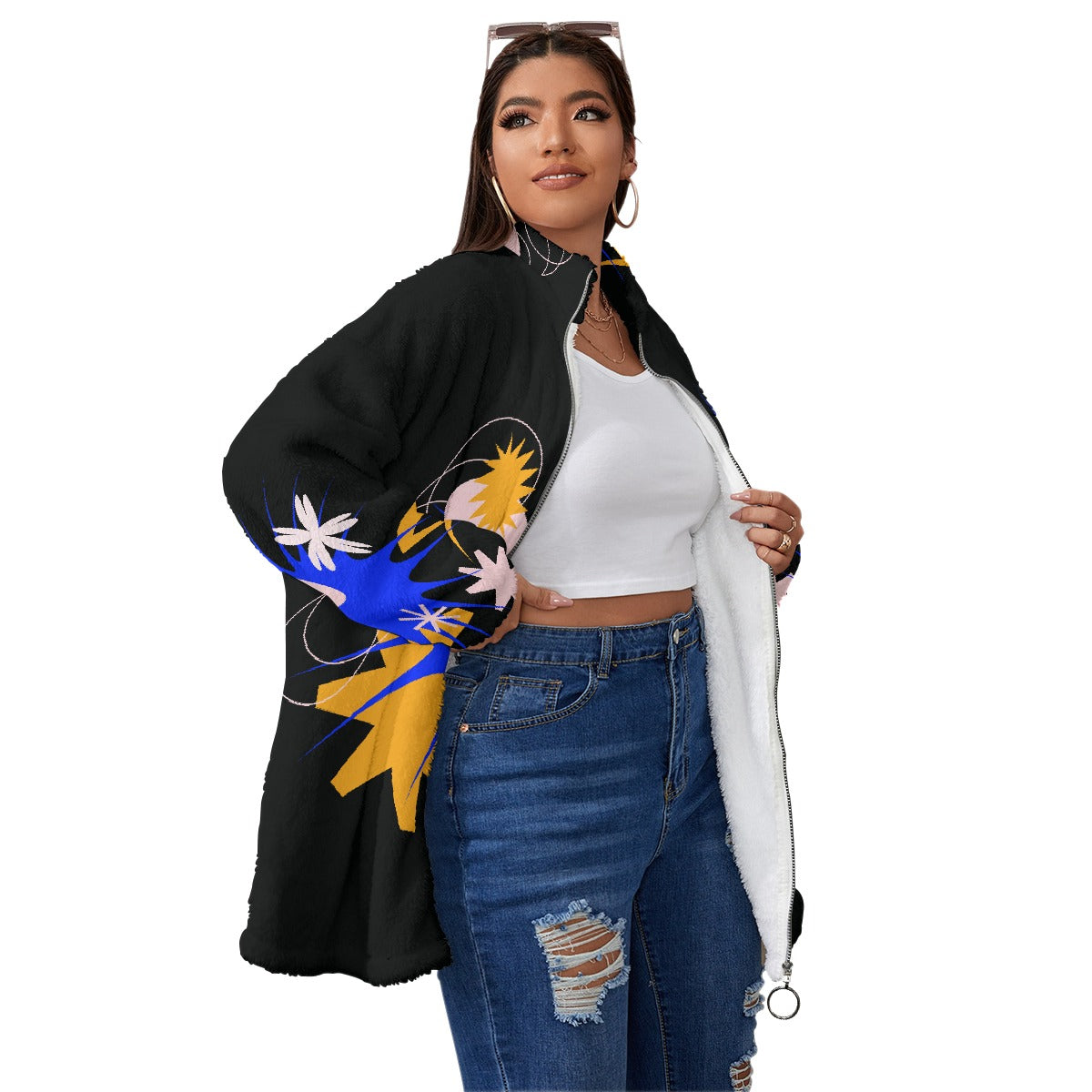 All-Over Print Unisex Borg Fleece Stand-up Collar Coat With Zipper Closure(Plus Size)