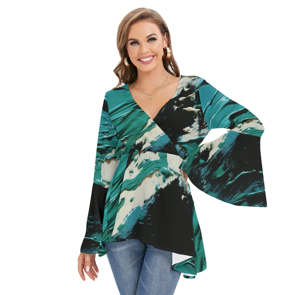 All-Over Print Women's V-neck Blouse With Flared Sleeves