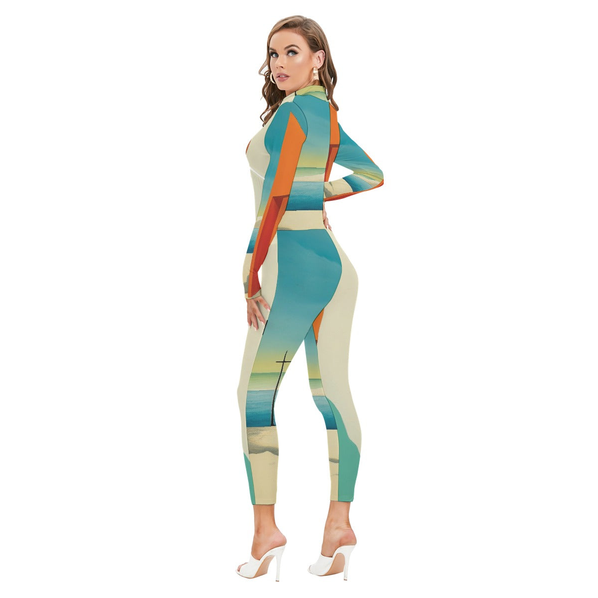 All-Over Print Women's Long-sleeved High-neck Jumpsuit With Zipper