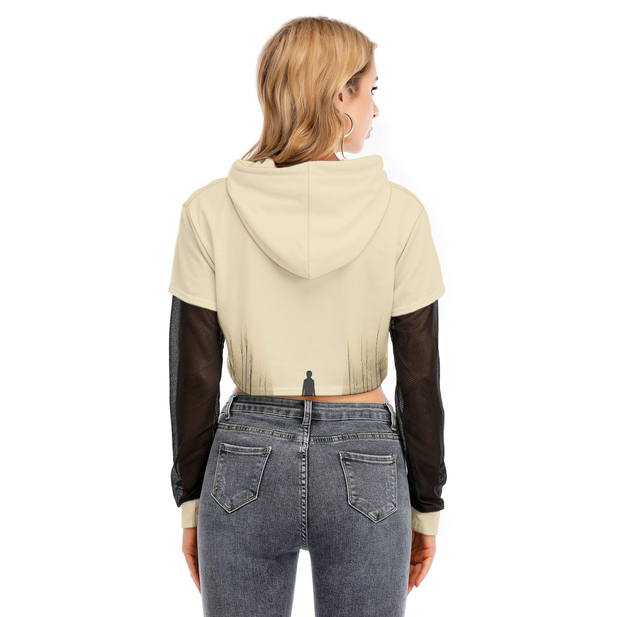 All-Over Print Women's Fake Two-piece Mesh Sleeve Cropped Hoodie