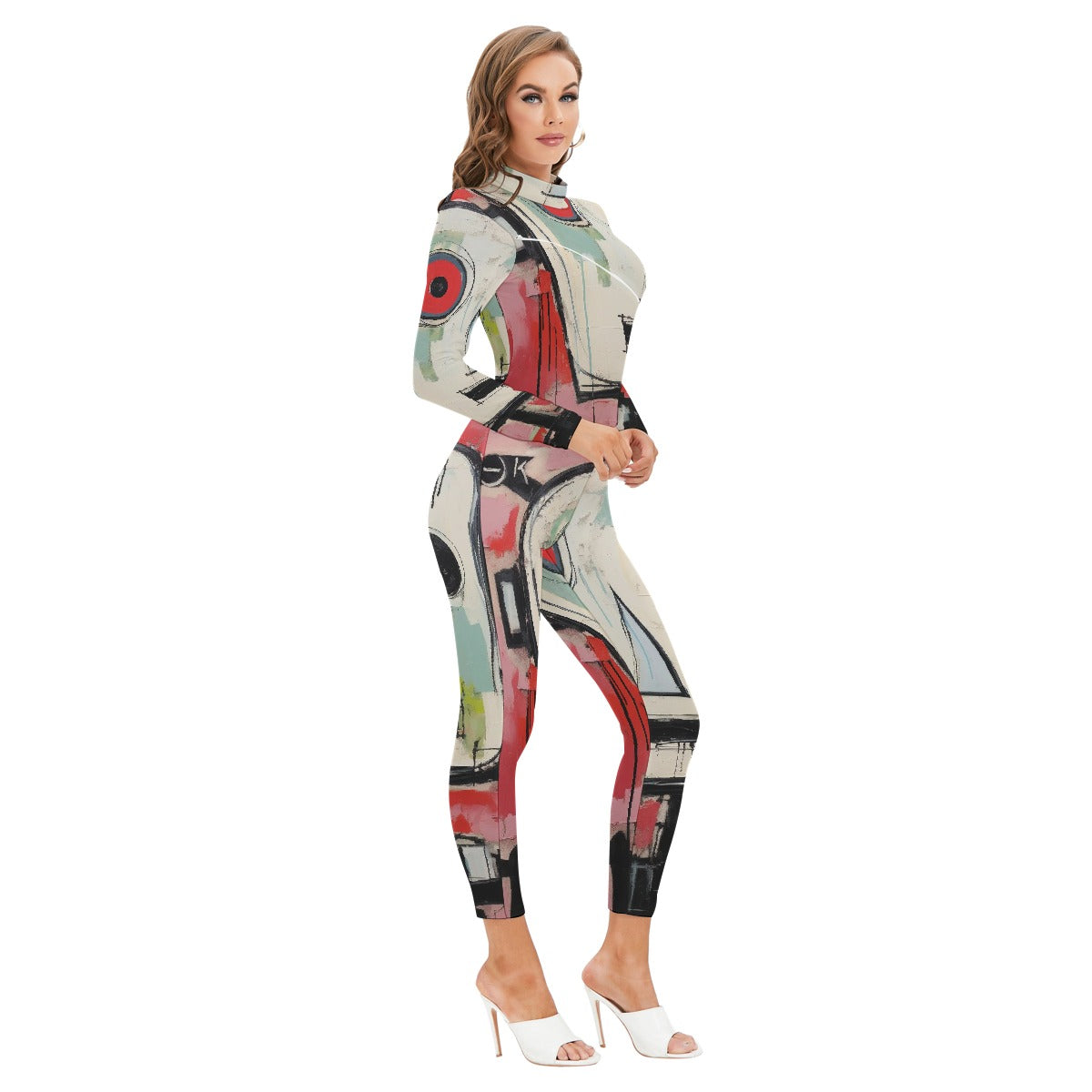 All-Over Print Women's Long-sleeved High-neck Jumpsuit With Zipper