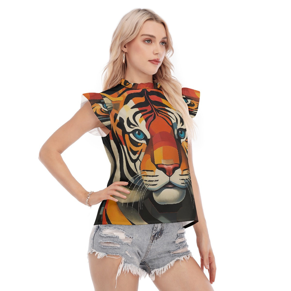 All-Over Print Women's Blouse With Ruffle Collar And Sleeve