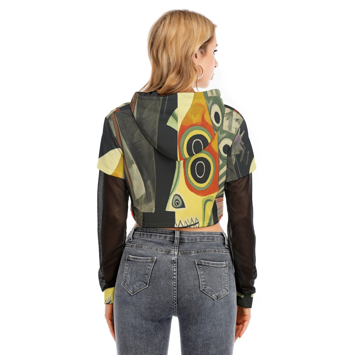 All-Over Print Women's Fake Two-piece Mesh Sleeve Cropped Hoodie