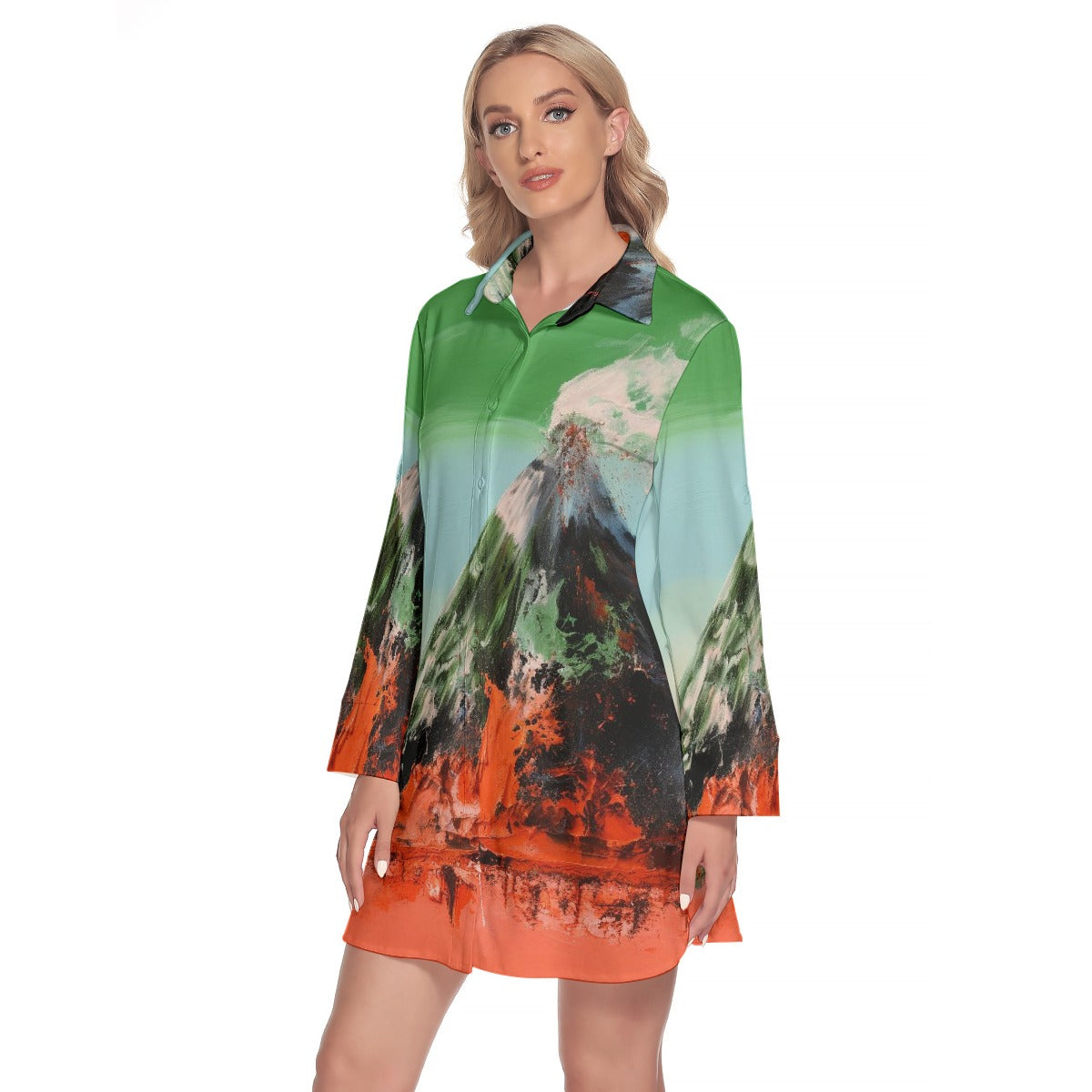 All-Over Print Women's Lapel Shirt Dress With Long Sleeve