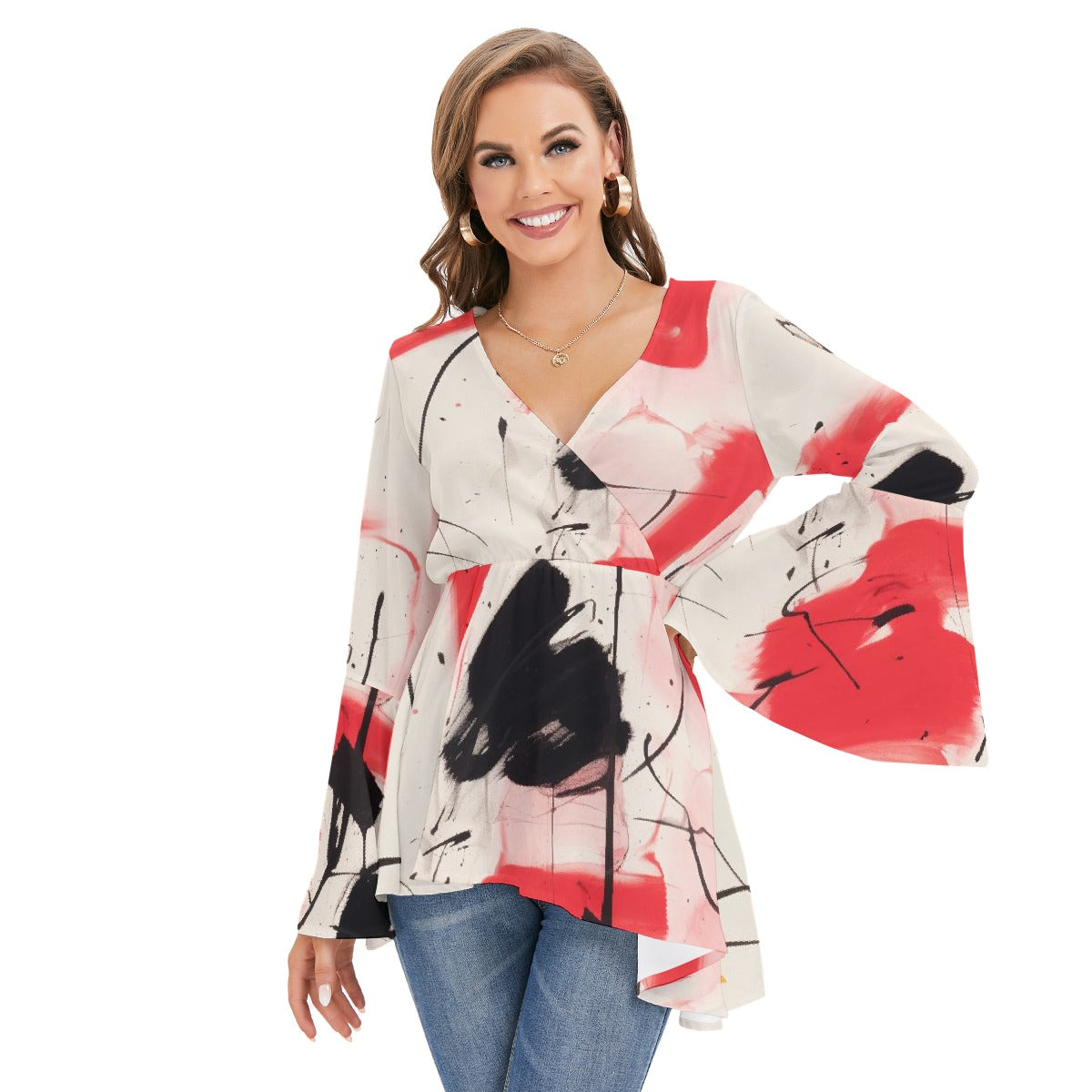 All-Over Print Women's V-neck Blouse With Flared Sleeves