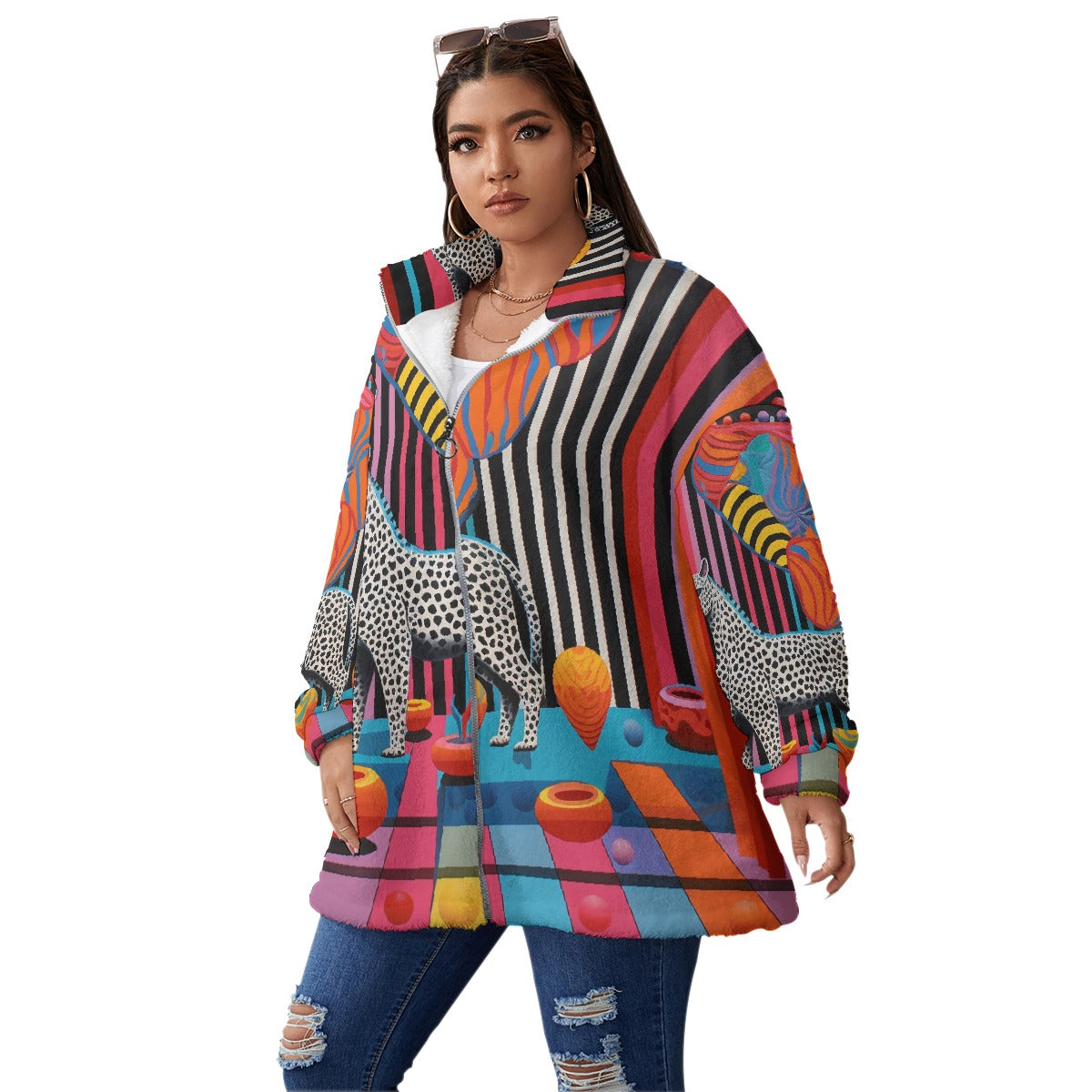 All-Over Print Unisex Borg Fleece Stand-up Collar Coat With Zipper Closure(Plus Size)