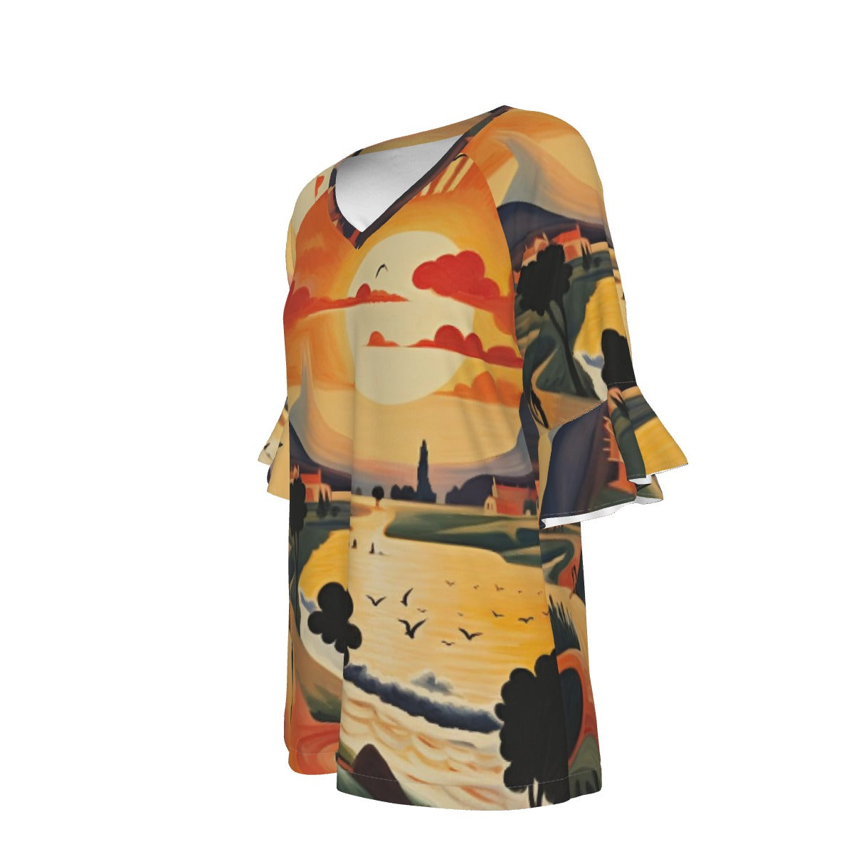 All-Over Print V-neck Women's T-shirt With Bell Sleeve