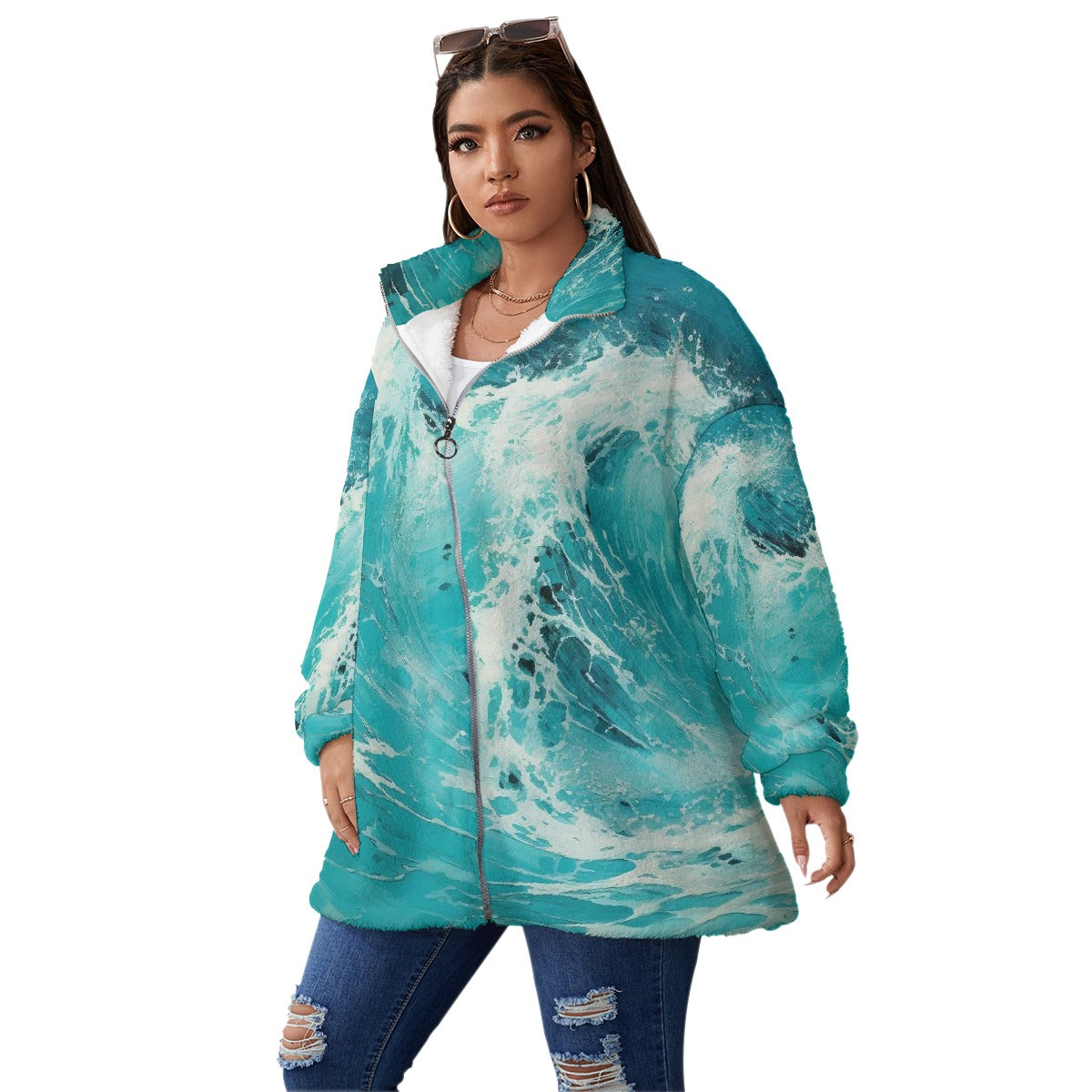 All-Over Print Unisex Borg Fleece Stand-up Collar Coat With Zipper Closure(Plus Size)