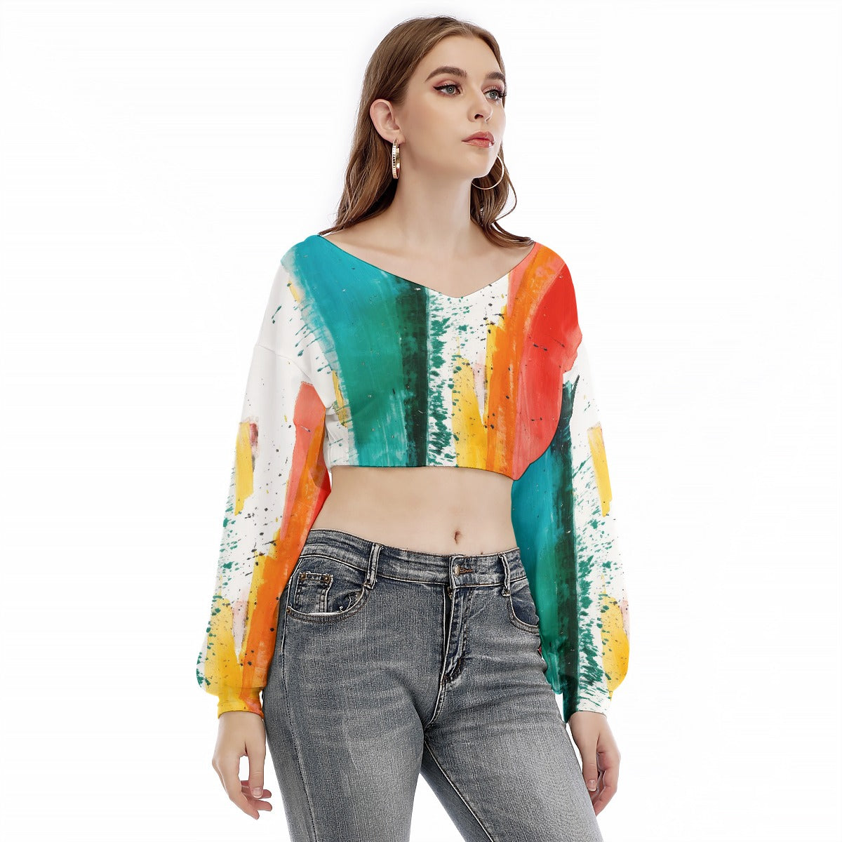All-Over Print Women's V-neck Long Sleeve Cropped Sweatshirt