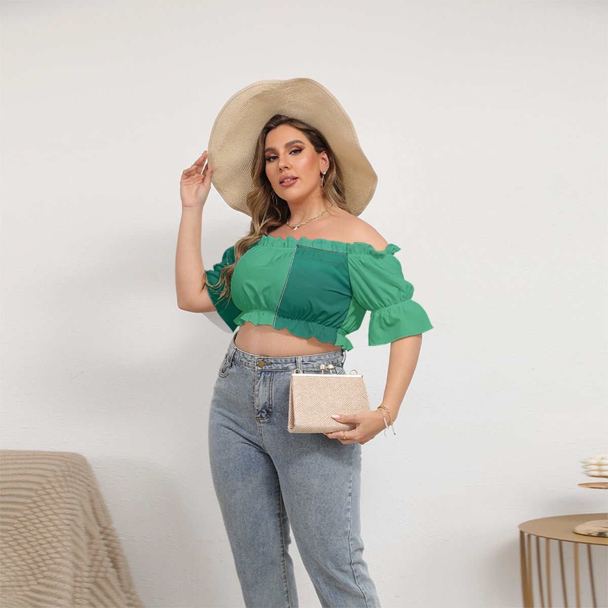 All-Over Print Women's Off-shoulder Cropped Top With Short Puff Sleeve