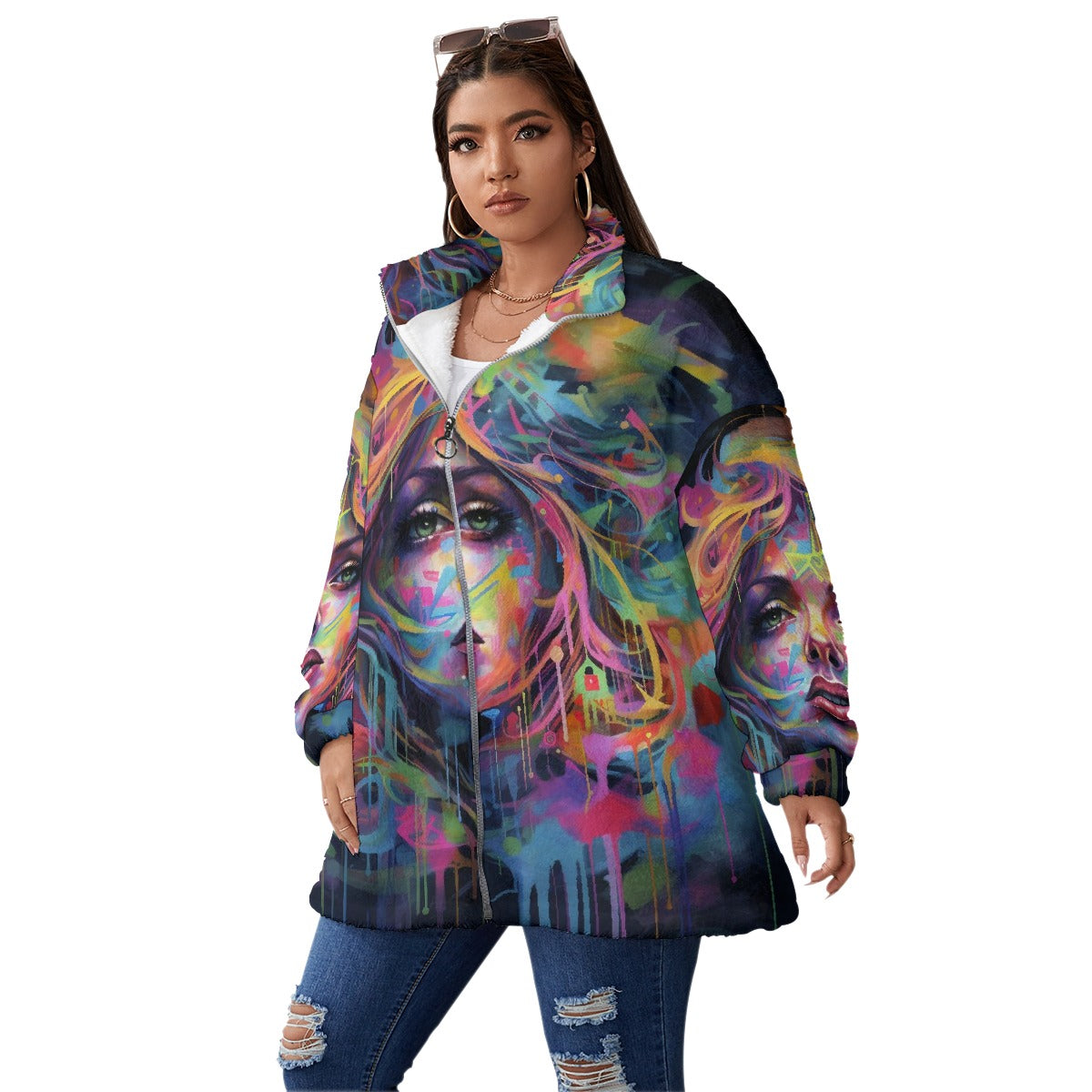All-Over Print Unisex Borg Fleece Stand-up Collar Coat With Zipper Closure(Plus Size)