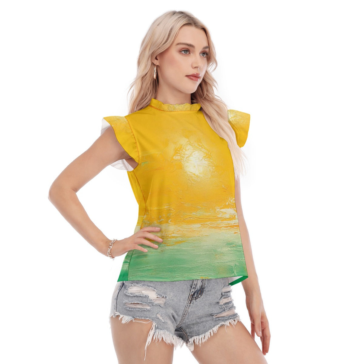 All-Over Print Women's Blouse With Ruffle Collar And Sleeve