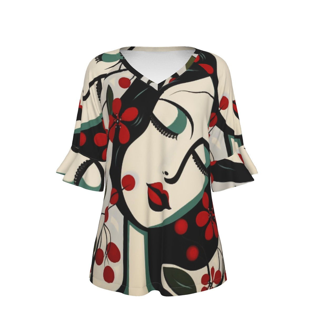 All-Over Print V-neck Women's T-shirt With Bell Sleeve