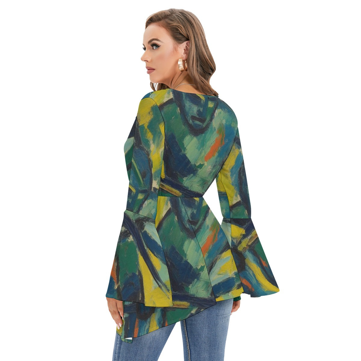 All-Over Print Women's V-neck Blouse With Flared Sleeves