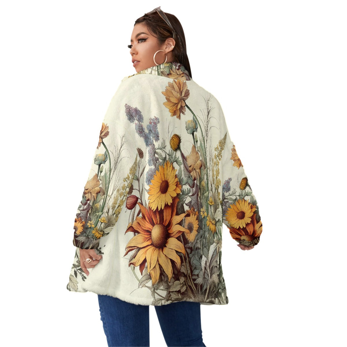 All-Over Print Unisex Borg Fleece Stand-up Collar Coat With Zipper Closure(Plus Size)