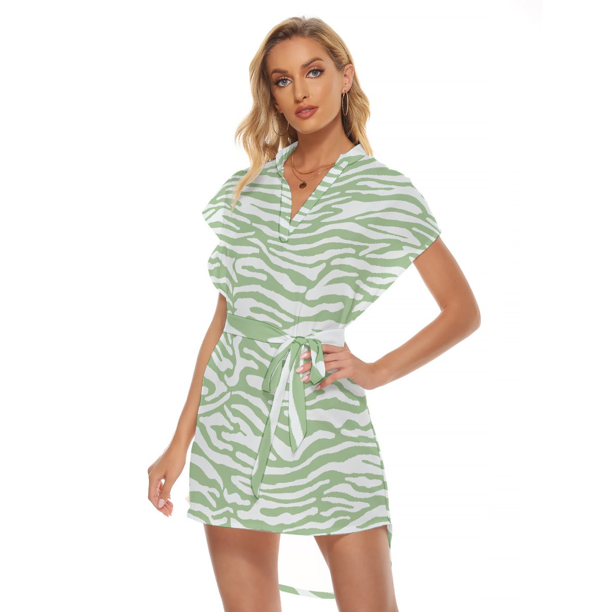 All-Over Print Women's Stand-up Collar Casual Dress With Belt