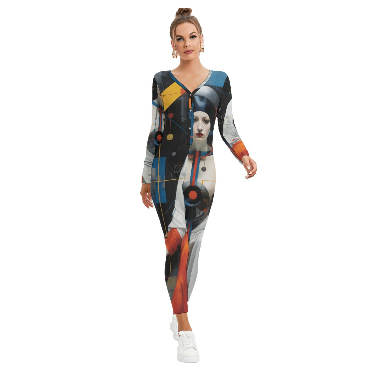 All-Over Print Women's Plunging Neck Jumpsuit