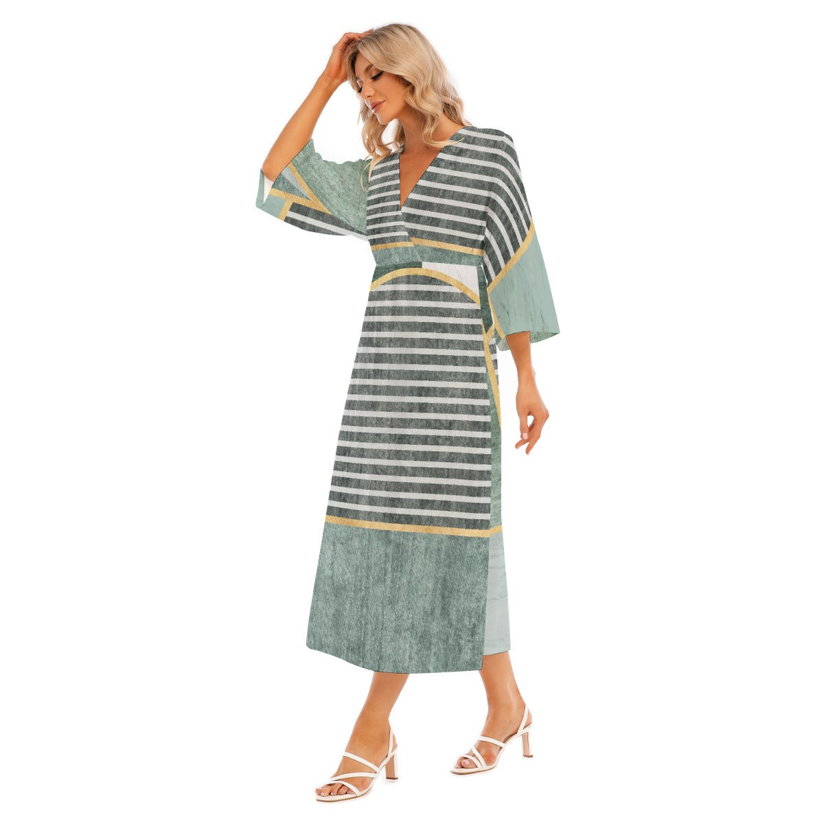 All-Over Print Women's Mid-Sleeve Long Dress