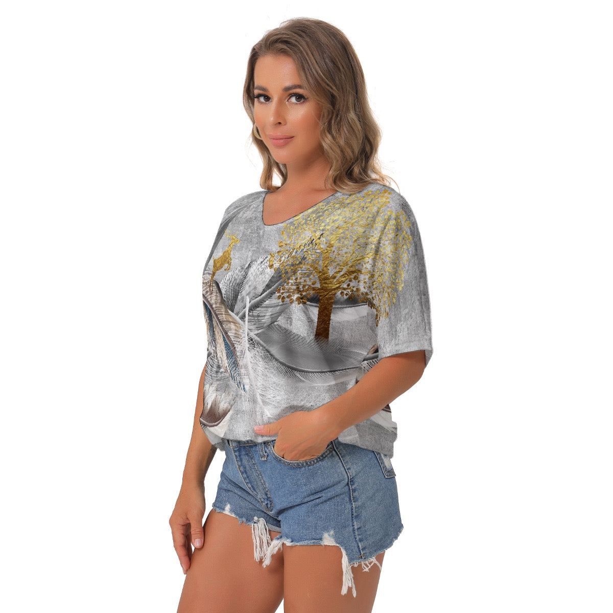 All-Over Print Women's Bat Sleeves V-Neck Blouse