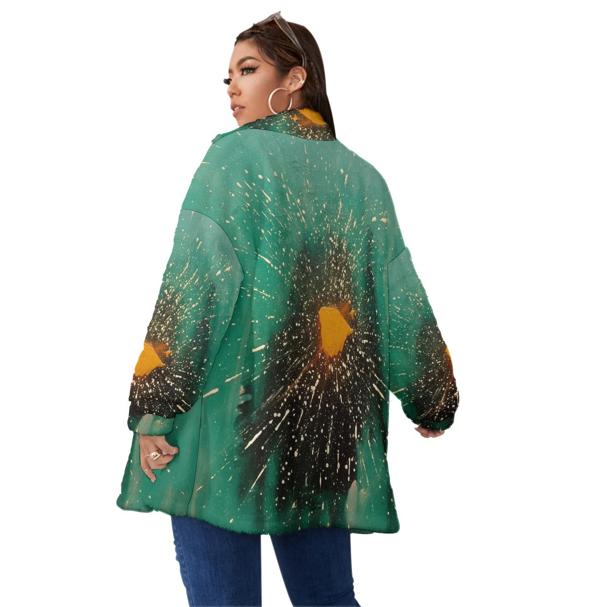 All-Over Print Unisex Borg Fleece Stand-up Collar Coat With Zipper Closure(Plus Size)