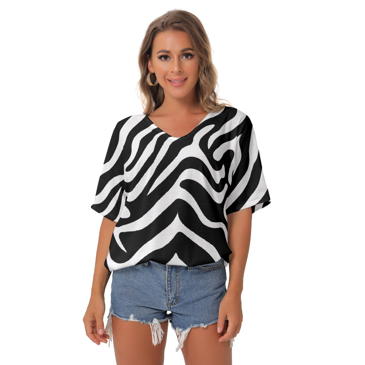 All-Over Print Women's Bat Sleeves V-Neck Blouse