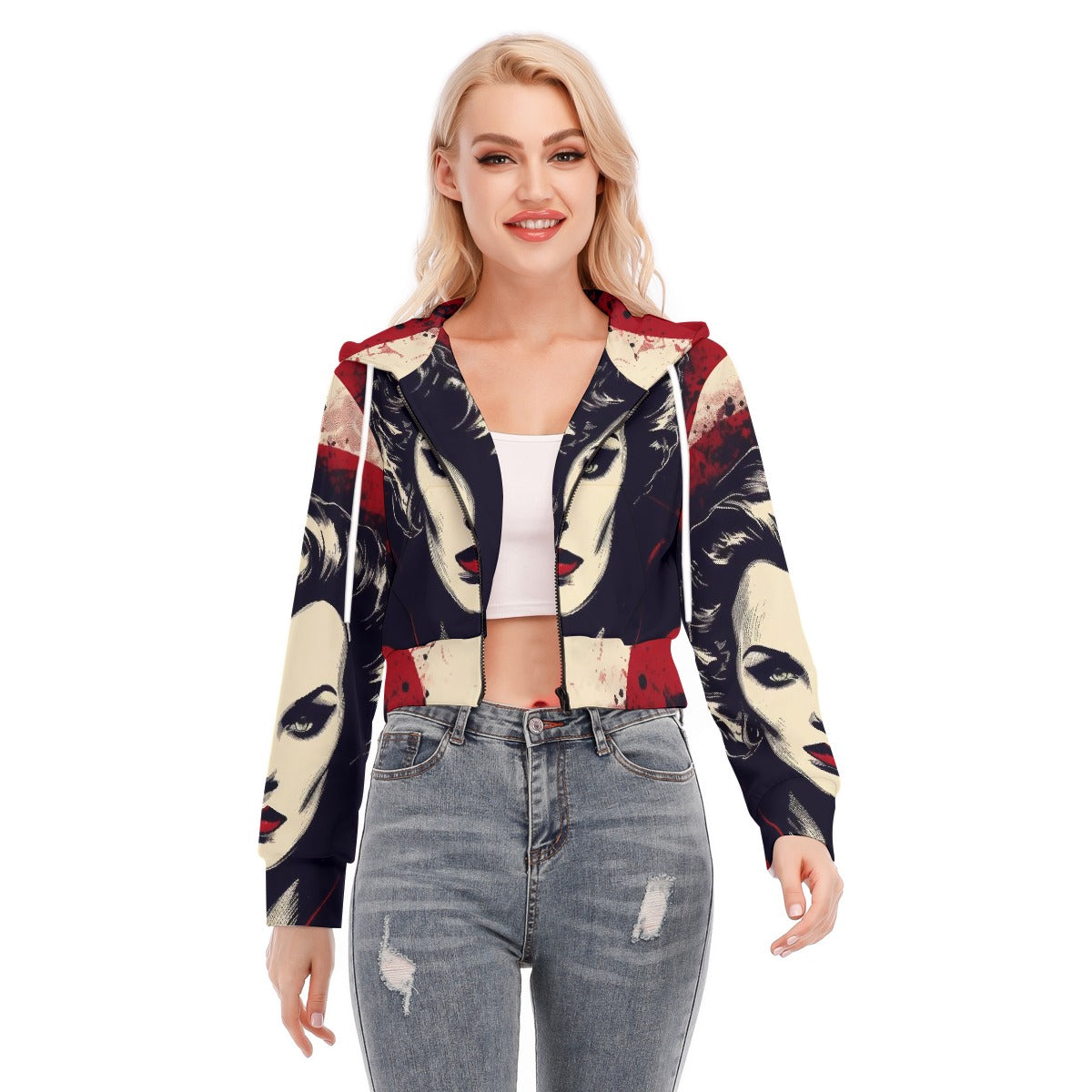All-Over Print Women's Crop Top Hoodie With Zipper Closure