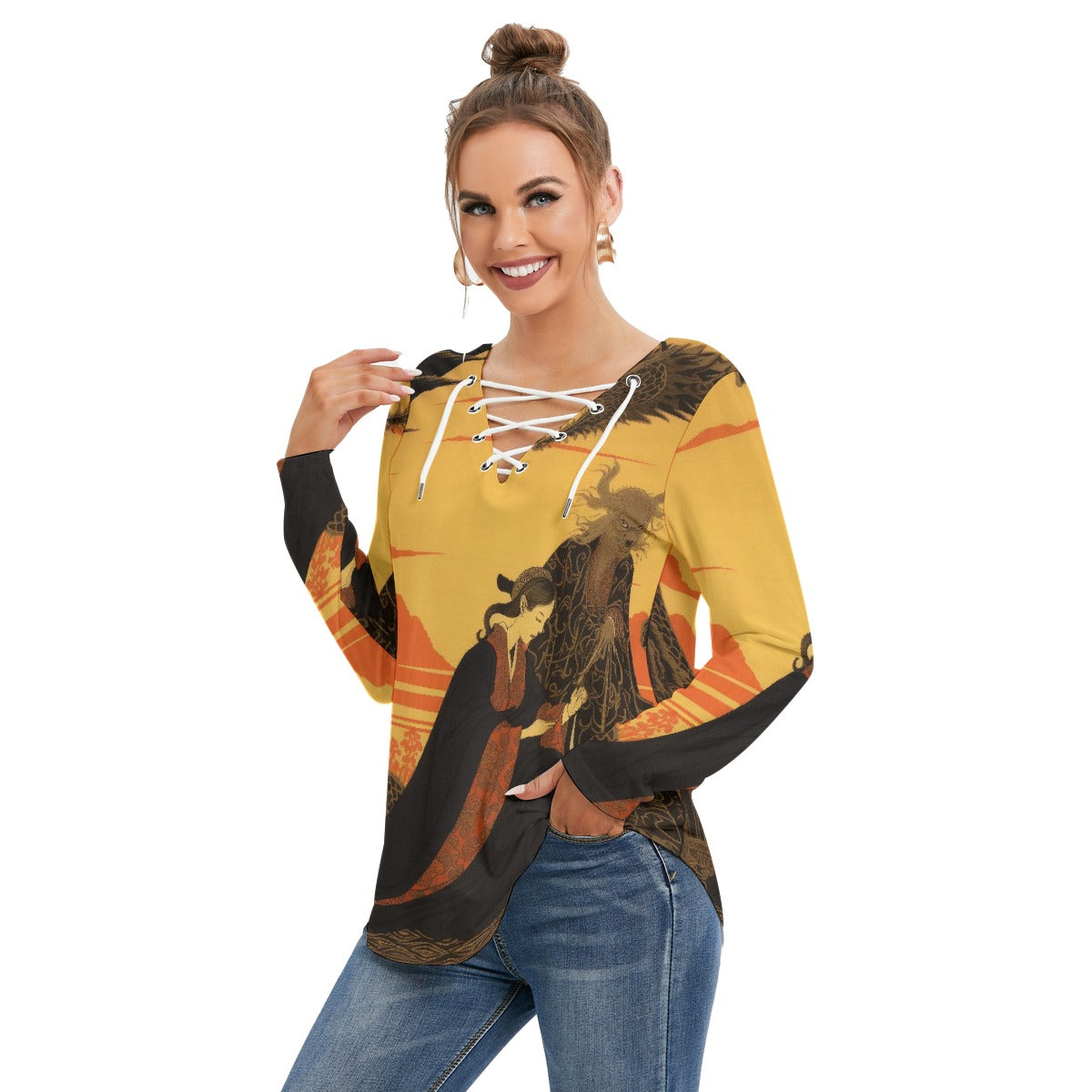 All-Over Print Women's Long Sleeve Neckline Tie Sweatshirt