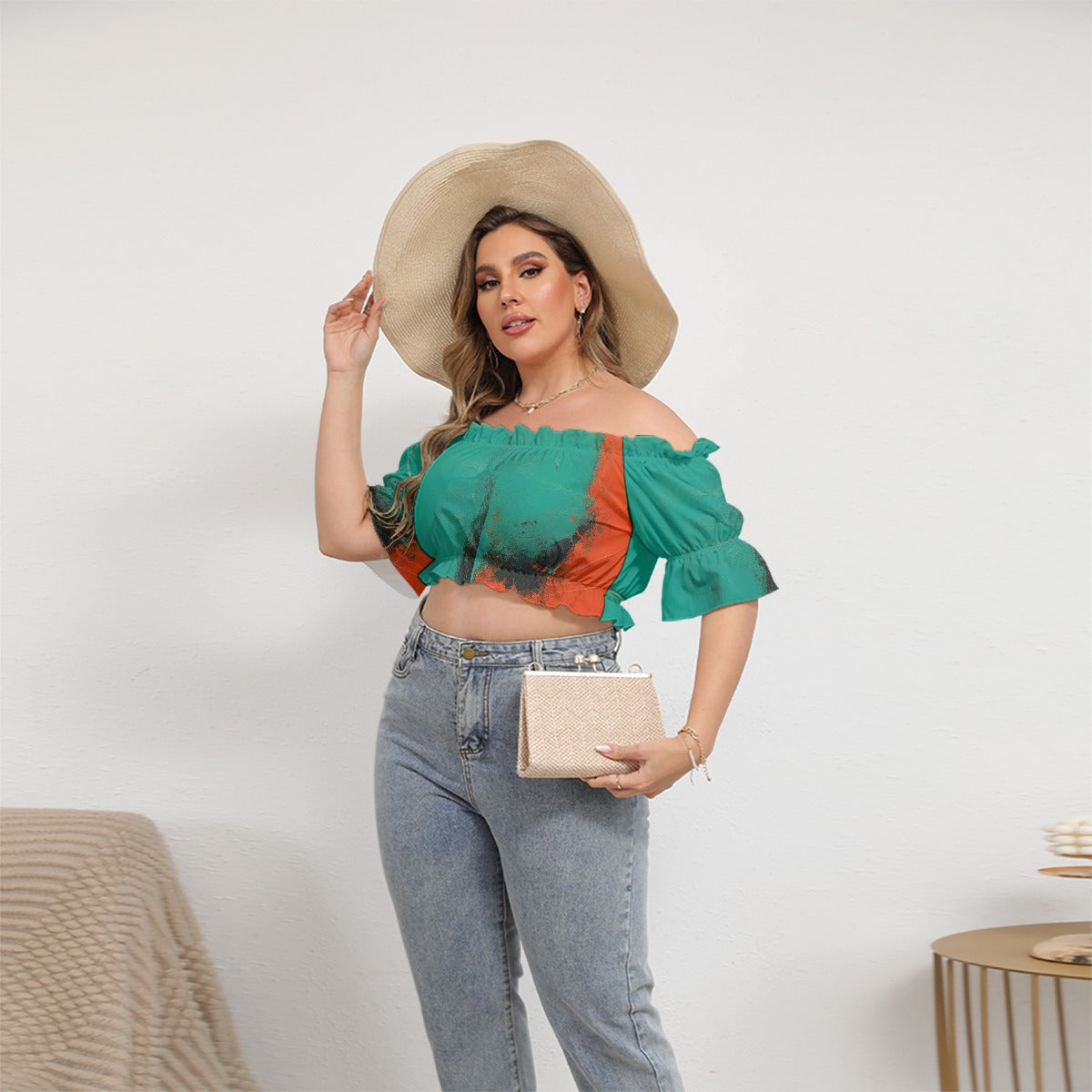 All-Over Print Women's Off-shoulder Cropped Top With Short Puff Sleeve