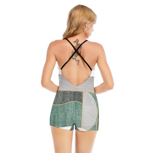 All-Over Print Women's Backless Romper With Black Straps