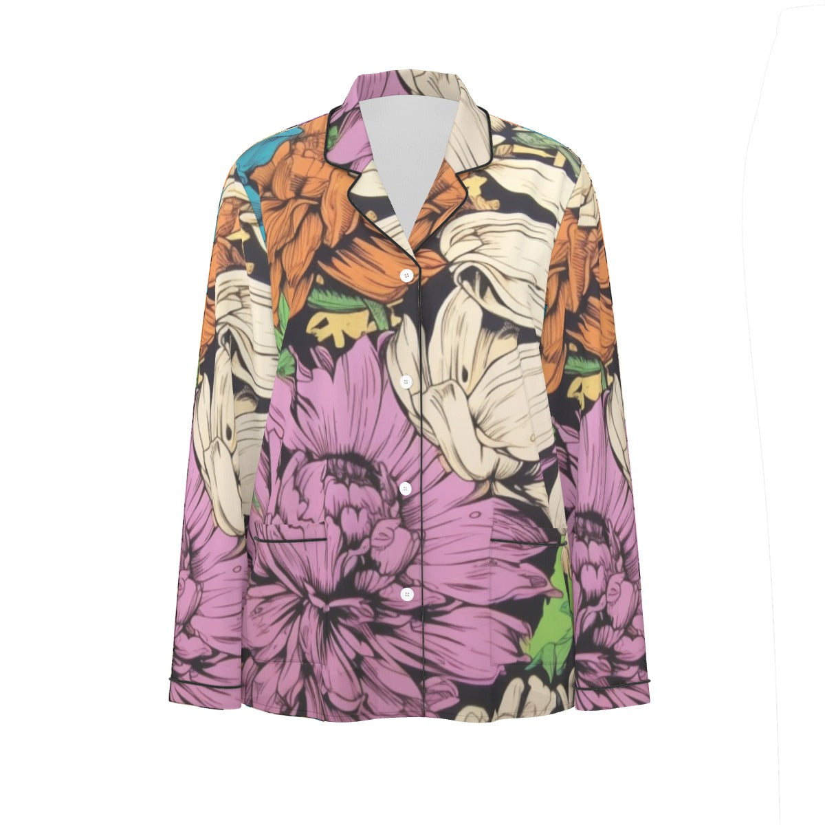 All-Over Print Women's Long Sleeve Pajama Set With Black Contrast Piping