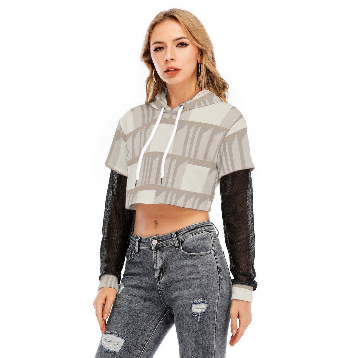 All-Over Print Women's Fake Two-piece Mesh Sleeve Cropped Hoodie