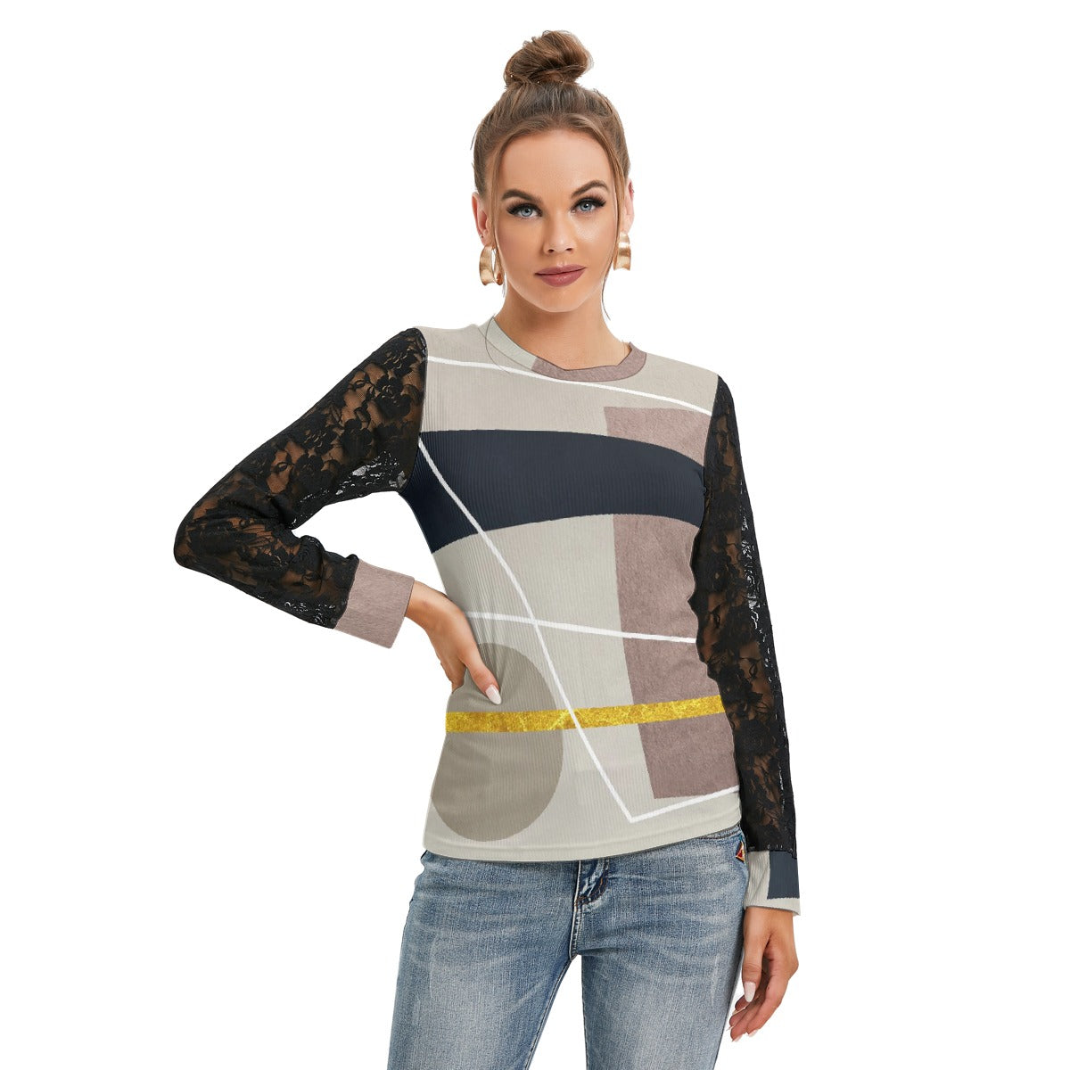 All-Over Print Women's T-shirt And Sleeve With Black Lace
