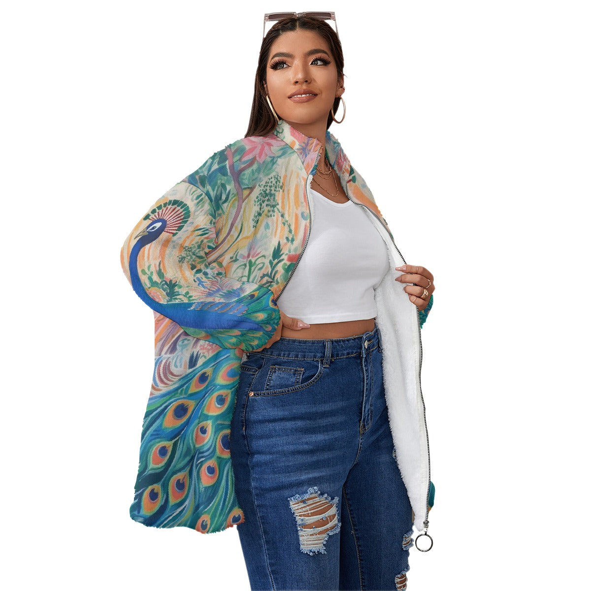 All-Over Print Unisex Borg Fleece Stand-up Collar Coat With Zipper Closure(Plus Size)