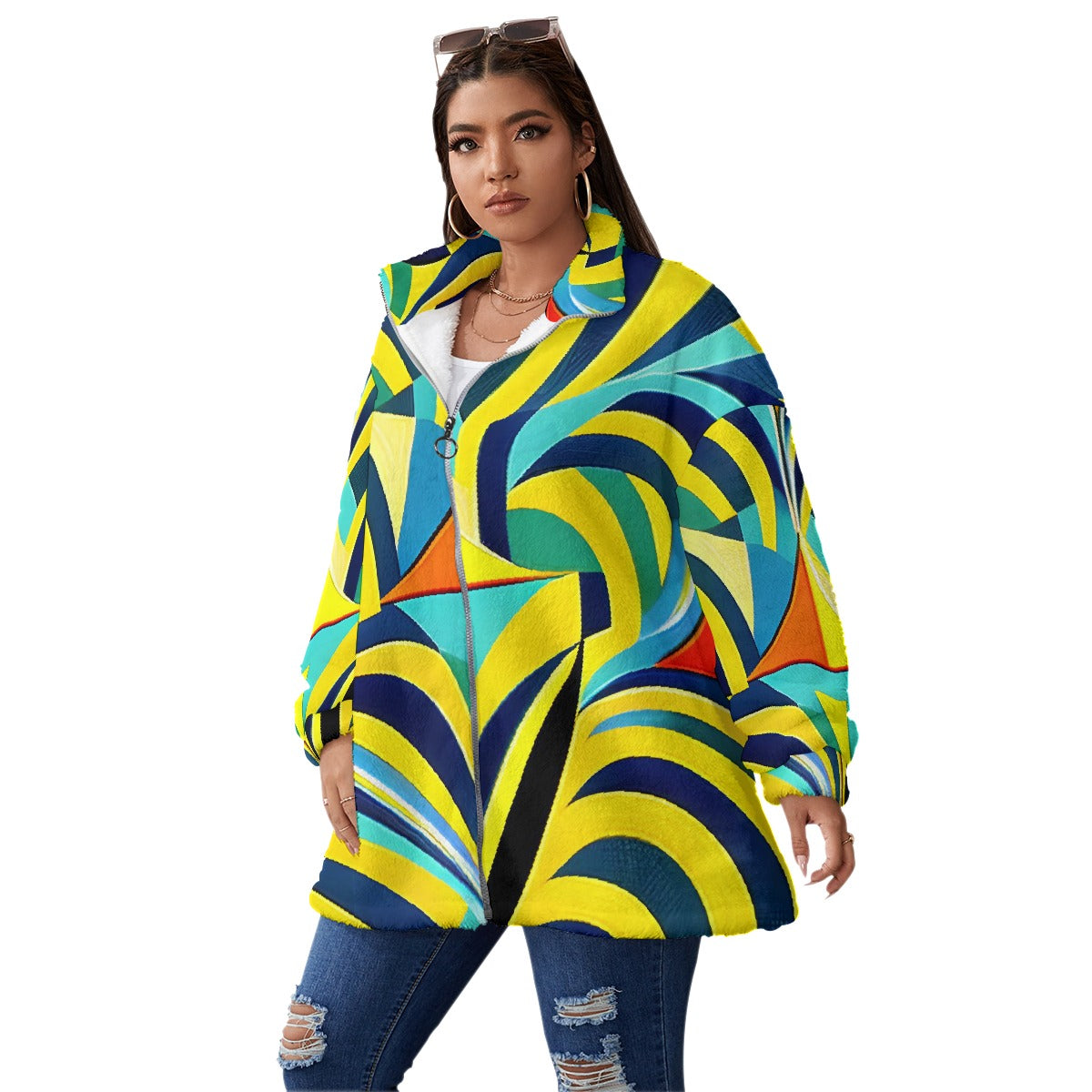 All-Over Print Unisex Borg Fleece Stand-up Collar Coat With Zipper Closure(Plus Size)