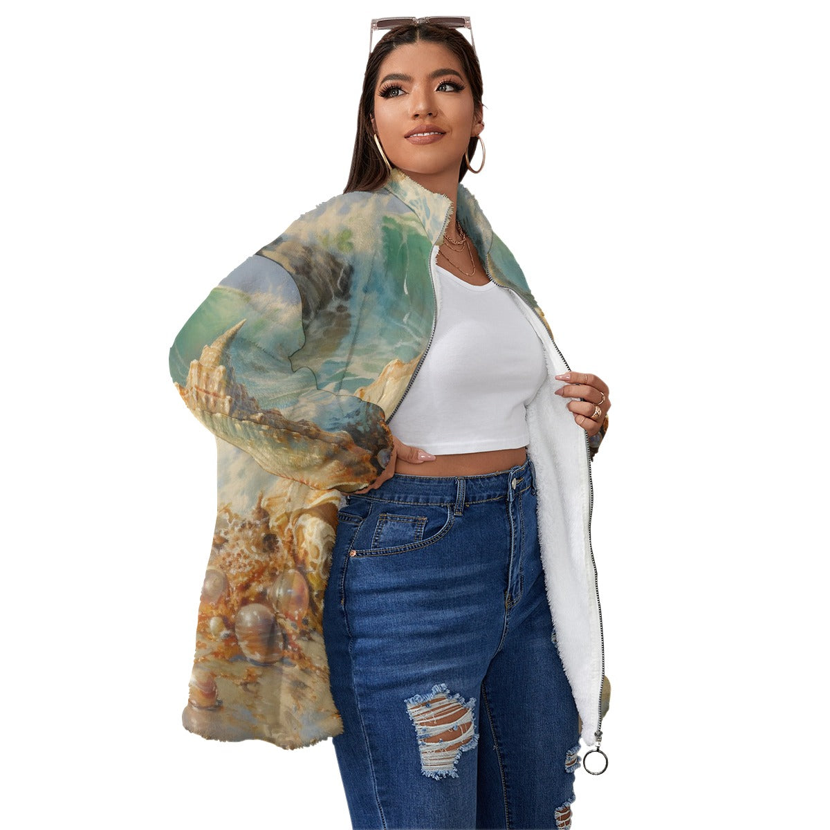 All-Over Print Unisex Borg Fleece Stand-up Collar Coat With Zipper Closure(Plus Size)