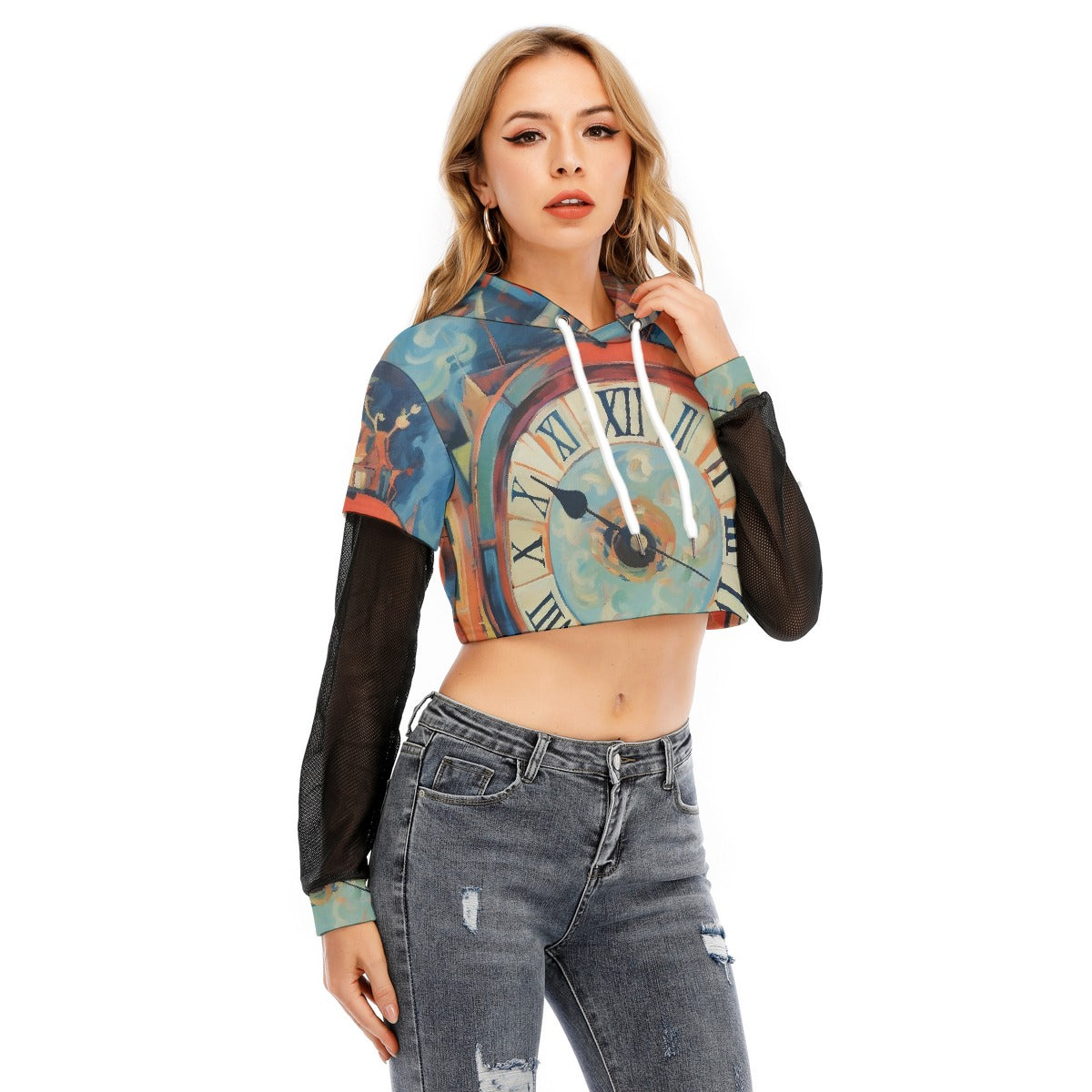 All-Over Print Women's Fake Two-piece Mesh Sleeve Cropped Hoodie