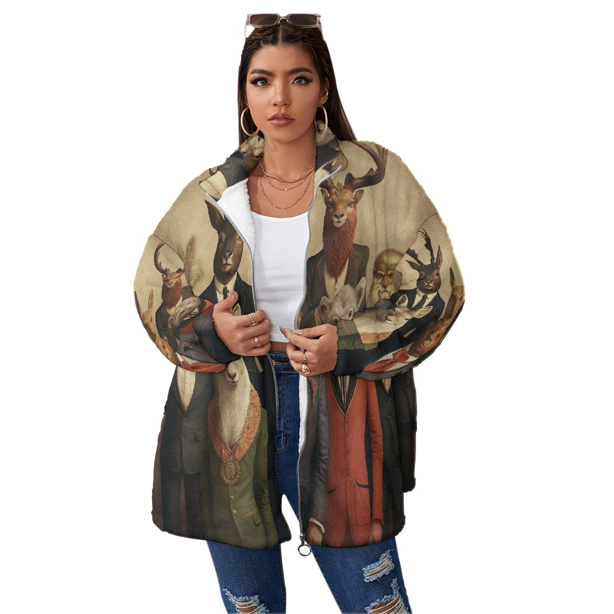 All-Over Print Unisex Borg Fleece Stand-up Collar Coat With Zipper Closure(Plus Size)