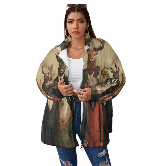 All-Over Print Unisex Borg Fleece Stand-up Collar Coat With Zipper Closure(Plus Size)