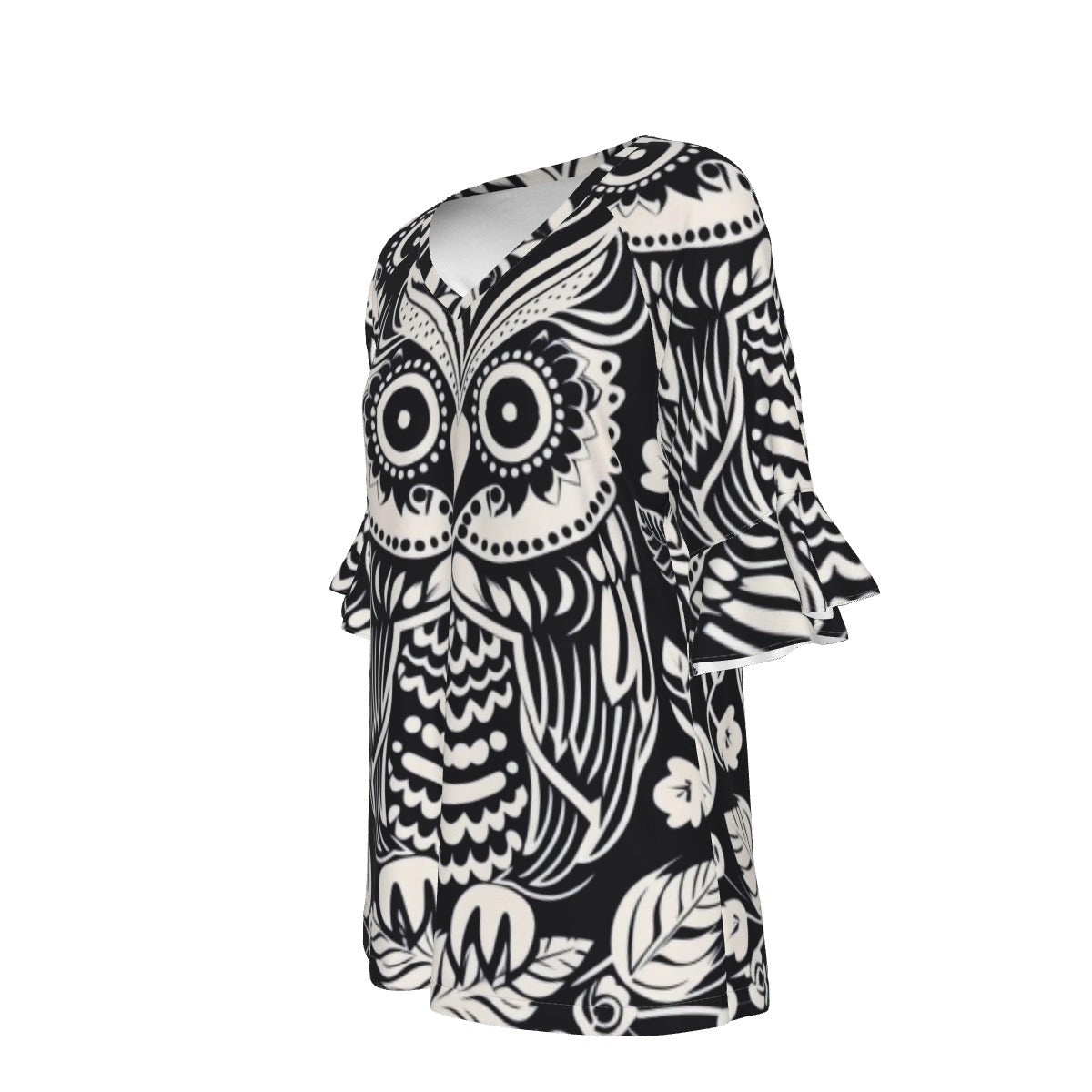 All-Over Print V-neck Women's T-shirt With Bell Sleeve