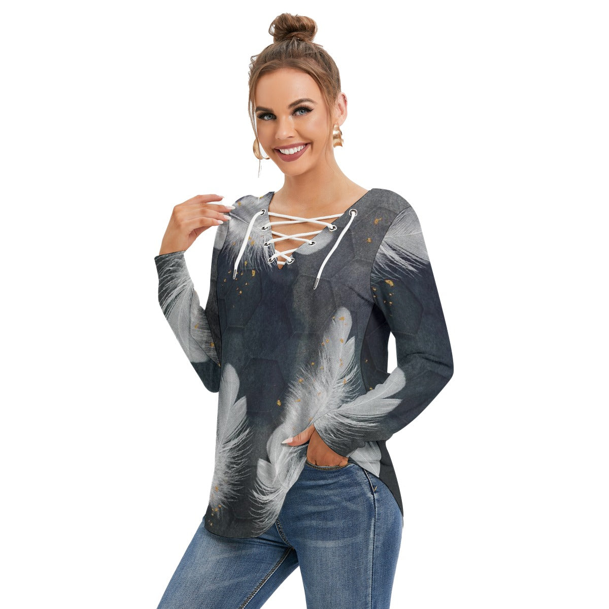 All-Over Print Women's Long Sleeve Neckline Tie Sweatshirt
