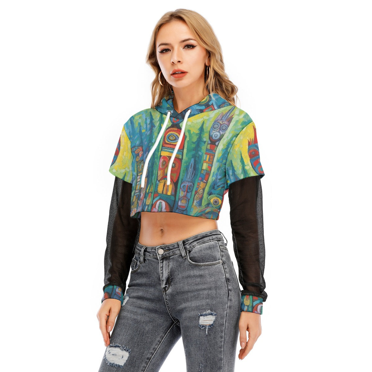 All-Over Print Women's Fake Two-piece Mesh Sleeve Cropped Hoodie