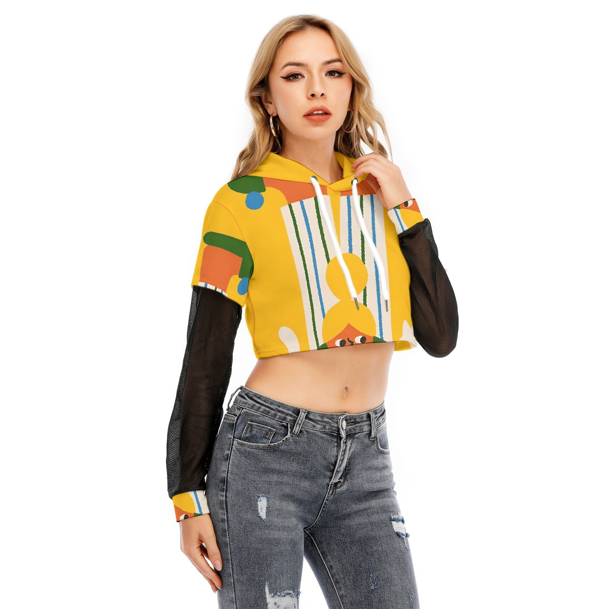All-Over Print Women's Fake Two-piece Mesh Sleeve Cropped Hoodie