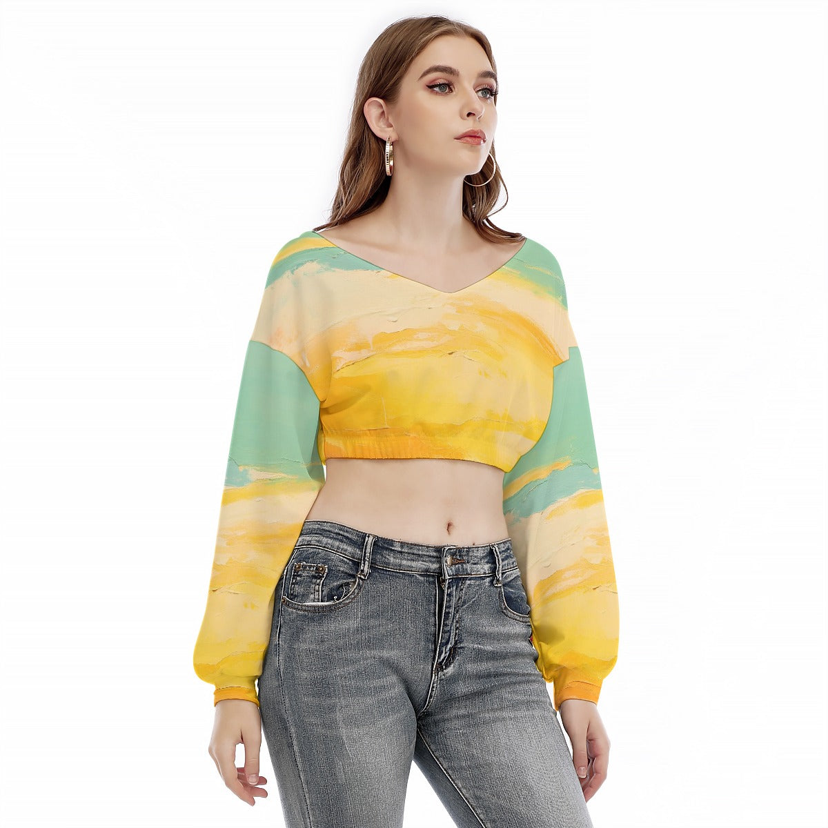 All-Over Print Women's V-neck Long Sleeve Cropped Sweatshirt