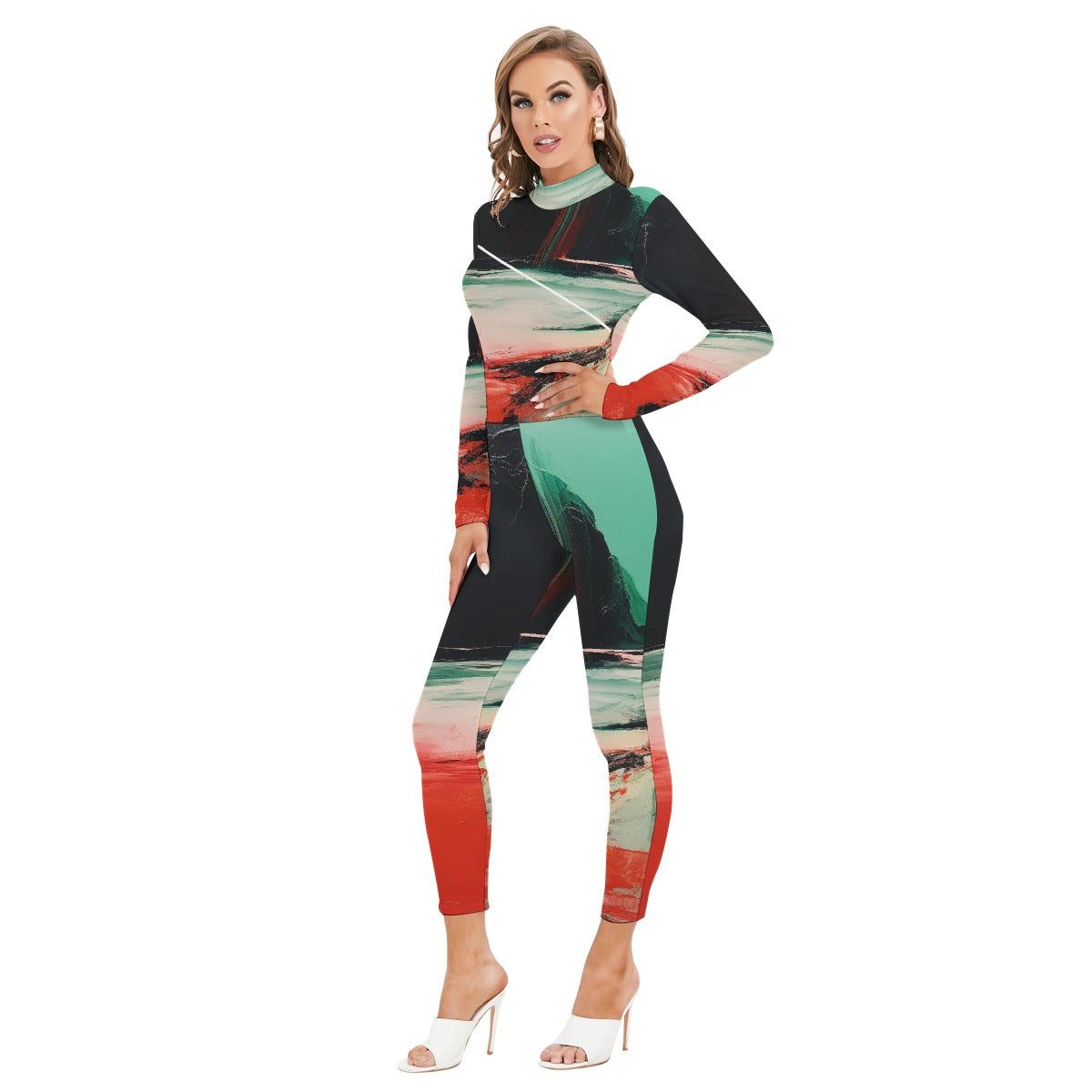 All-Over Print Women's Long-sleeved High-neck Jumpsuit With Zipper